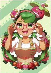 Rule 34 | 1girl, :d, absurdres, adjusting eyewear, bespectacled, blush, bounsweet, collarbone, commentary request, creatures (company), eyelashes, fingernails, flower, game freak, gen 7 pokemon, glasses, green background, green eyes, green hair, hairband, hands up, highres, long hair, looking at viewer, mallow (pokemon), nintendo, open mouth, orange flower, overalls, pink-framed eyewear, pokemon, pokemon (anime), pokemon (creature), pokemon sm (anime), red flower, short sleeves, smile, swept bangs, taisa (lovemokunae), tongue, twintails