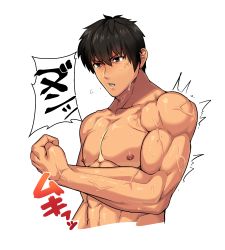 Rule 34 | 1boy, abs, arash (fate), arima (arima bn), bara, black hair, cropped torso, dark-skinned male, dark skin, fate/grand order, fate/prototype, fate/prototype: fragments of blue and silver, fate (series), flexing, highres, looking at viewer, male focus, muscular, nipples, pectorals, solo, translation request, veins