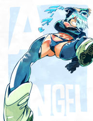 Rule 34 | 1girl, abs, angel (kof), boots, bra, breasts, chaps, character name, commentary request, cowboy boots, cropped jacket, fingerless gloves, gloves, hair over one eye, jacket, kemonono (inchiki dou), large breasts, leather, leather jacket, snk, solo, the king of fighters, the king of fighters 2001, the king of fighters xiv, underwear