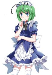 Rule 34 | 1girl, alternate costume, antennae, apron, blue eyes, blush, dress, e.o., enmaided, finger to own chin, frilled dress, frills, green hair, highres, looking at viewer, maid, maid apron, maid headdress, puffy short sleeves, puffy sleeves, sash, short hair, short sleeves, smile, solo, thighhighs, touhou, tsurime, tunic, white thighhighs, wriggle nightbug, zettai ryouiki