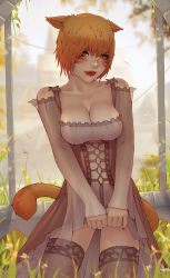 Rule 34 | 1girl, animal ears, warrior of light (ff14), black thighhighs, blush, breasts, cat ears, cat tail, cleavage, collarbone, commentary, commission, cowboy shot, english commentary, facial mark, final fantasy, final fantasy xiv, freckles, green eyes, lips, looking at viewer, medium breasts, miqo&#039;te, nail polish, red hair, scar, see-through, short hair, slit pupils, solo, soranamae, tail, thighhighs, whisker markings