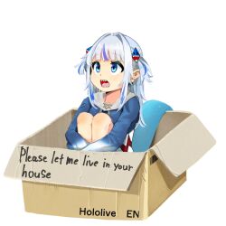 1girl animal_hood blue_eyes blue_hoodie blue_streaks box cardboard_box dai_roku_ten_mao fins fish_tail for_adoption gawr_gura gawr_gura_(1st_costume) grey_hair hair_ornament highres hololive hololive_english hood hoodie hugging_own_legs in_box in_container long_hair looking_to_the_side multicolored_hair open_mouth shark_girl shark_hair_ornament shark_hood shark_print shark_tail sharp_teeth simple_background solo streaked_hair tail teeth virtual_youtuber white_background