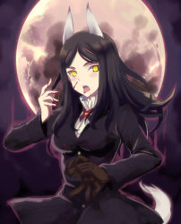 Rule 34 | 1girl, animal ears, aura, black hair, blood, blood on face, blush, coat, constantia cantacuzino, full moon, gloves, kyogoku shin, long hair, looking at viewer, moon, night, open mouth, single glove, solo, strike witches, tail, tongue, vampire, world witches series, yellow eyes