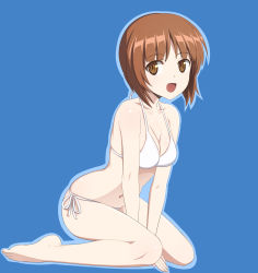 Rule 34 | 10s, 1girl, arm support, barefoot, bikini, blue background, breasts squeezed together, breasts, brown eyes, brown hair, cleavage, full body, girls und panzer, highres, leaning forward, looking at viewer, medium breasts, nanashino, navel, nishizumi miho, open mouth, outline, side-tie bikini bottom, simple background, sitting, solo, swimsuit, wariza, white bikini