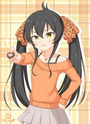 Rule 34 | 1girl, ahoge, animal print, bare shoulders, black hair, blush, candy, chocolate, chocolate heart, collarbone, commentary request, food, grey skirt, hair between eyes, hair ribbon, hand on own hip, head tilt, heart, heart necklace, holding, holding food, idolmaster, idolmaster cinderella girls, idolmaster cinderella girls starlight stage, jewelry, kaiware-san, leopard print, long hair, long sleeves, looking at viewer, matoba risa, necklace, off shoulder, orange sweater, parted lips, plaid, plaid background, pleated skirt, print ribbon, ribbon, sidelocks, signature, skirt, sleeves past wrists, solo, sweater, twintails, very long hair, yellow eyes