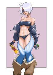 Rule 34 | 1girl, ahoge, alcohol, angel (kof), blue eyes, boots, bottle, bra, breasts, chaps, cowboy boots, cropped jacket, fingerless gloves, gloves, hair over one eye, highres, holding, holding bottle, ikireo, jacket, large breasts, leather, leather jacket, liquor, navel, snk, strapless, strapless bra, tequila, the king of fighters, the king of fighters 2001, toned, underwear, white hair