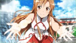 Rule 34 | 10s, 1girl, asuna (sao), brown eyes, brown hair, fountain, game cg, long hair, looking at viewer, outstretched arms, skirt, smile, solo, spread arms, sword art online, sword art online: hollow fragment, water
