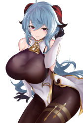 Rule 34 | 1girl, absurdres, ahoge, alternate breast size, bad id, bad pixiv id, bare shoulders, bell, bodysuit, breasts, cowbell, detached sleeves, ganyu (genshin impact), genshin impact, gloves, goat horns, highres, horns, large breasts, long sleeves, looking at viewer, purple eyes, simple background, smile, solo, ushi uta, white background