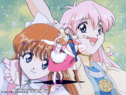 Rule 34 | 1990s (style), 1996, 2girls, blue eyes, boots, bow, bracelet, brown hair, dress, hair ribbon, holding, jewelry, long hair, looking at viewer, megami paradise, multiple girls, official art, open mouth, pastel (megami paradise), pendant, pink dress, pink hair, retro artstyle, ribbon, rurubell, short sleeves, simple background, socks, staff, thighhighs, wand, white legwear, yamauchi noriyasu