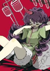Rule 34 | 1girl, absurdres, blood, blood bag, blush, closed eyes, green shirt, green shorts, highres, horns, iv stand, long hair, neruzou, open mouth, pointy ears, purple hair, red background, red horns, shirt, short sleeves, shorts, simple background, single horn, smile, solo, tenkajin chiyari, test tube, touhou