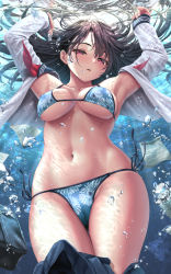 Rule 34 | 1girl, air bubble, arms up, bag, bikini, black hair, blue bikini, blue skirt, breasts, bubble, clothes pull, commentary, commentary request, cowboy shot, english commentary, floating hair, floral print, freediving, kase daiki, large breasts, long hair, long sleeves, looking at viewer, mixed-language commentary, navel, neckerchief, open clothes, open shirt, original, paper, parted lips, print bikini, purple eyes, red neckwear, shirt, side-tie bikini bottom, skirt, skirt pull, sleeves past wrists, solo, stomach, string bikini, swimsuit, underwater, undone neckerchief, white shirt