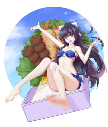 Rule 34 | 1girl, :d, arm up, armpits, bare arms, bare legs, bare shoulders, barefoot, bento, bikini, black hair, blue bikini, blue sky, bow, braid, breasts, cleavage, cloud, cloudy sky, collarbone, dango, food, food focus, full body, hair bow, hand up, highres, honkai (series), honkai impact 3rd, knees together feet apart, long hair, looking at viewer, medium breasts, navel, neck, open mouth, outstretched arm, ponytail, purple eyes, raiden mei, rice, shiro haoto, sky, smile, soles, solo, strapless, strapless bikini, swimsuit, tempura, toes, wagashi