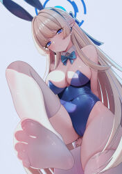 Rule 34 | 1girl, animal ears, bare shoulders, blonde hair, blue archive, blue eyes, blue hairband, blue leotard, bow, bowtie, braid, breasts, cameltoe, can zhu, cleavage, closed mouth, covered navel, detached collar, earpiece, fake animal ears, feet, hairband, halo, highleg, highleg leotard, highres, knee up, large breasts, leg up, leotard, long hair, looking at viewer, multicolored hair, no shoes, official alternate costume, playboy bunny, presenting foot, rabbit ears, see-through silhouette, sitting, skindentation, soles, solo, strapless, strapless leotard, streaked hair, thighhighs, thighs, toes, toki (blue archive), toki (bunny) (blue archive), very long hair, white thighhighs