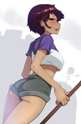 Rule 34 | 1girl, absurdres, ass, blush, breasts, brown eyes, dark-skinned female, dark skin, fang, highres, large breasts, legs, looking at viewer, luz noceda, midriff, open mouth, oppaihobby, purple hair, seductive smile, short hair, short shorts, shorts, sideways mouth, smile, solo, standing, teeth, the owl house, thighs, underboob, upper teeth only