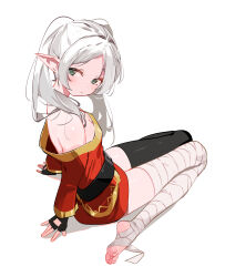 Rule 34 | 1girl, absurdres, bandaged leg, bandages, bare shoulders, belt, black belt, black gloves, black thighhighs, cosplay, dress, elf, feet, fingerless gloves, frieren, from side, gloves, green eyes, grey hair, highres, kono subarashii sekai ni shukufuku wo!, long hair, looking at viewer, looking to the side, megumin, megumin (cosplay), off shoulder, parted bangs, pointy ears, red dress, single thighhigh, sousou no frieren, sydus, thighhighs, toes