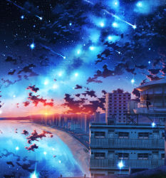 Rule 34 | absurdres, beach, building, city, cloud, commentary request, constellation, highres, hill, house, kenzo 093, milky way, night, night sky, ocean, original, reflection, scenery, shooting star, sky, solo, star (sky), starry sky, sunset, water, wide shot
