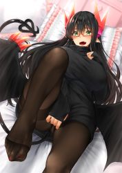 Rule 34 | 1girl, bed sheet, black hair, black pantyhose, blush, breasts, covering privates, covering crotch, curvy, demon girl, demon tail, demon wings, dress, feet, foot focus, frilled pillow, frills, green eyes, hair between eyes, kitagawa onitarou, knee up, large breasts, long hair, looking at viewer, lying, nail polish, no shoes, on back, on bed, open mouth, original, pantyhose, pillow, ribbed sweater, sharp teeth, solo, sweater, sweater dress, tail, teeth, thighband pantyhose, toenail polish, toenails, toes, turtleneck, turtleneck sweater, wings