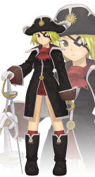 Rule 34 | 1girl, blonde hair, eyepatch, green eyes, holding, holding sword, holding weapon, hook, iyokawa, long hair, looking at viewer, original, red scarf, scarf, simple background, solo, standing, sword, unsheathed, weapon, white background
