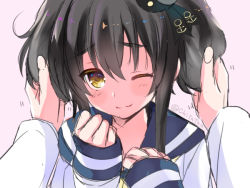 Rule 34 | 10s, 1boy, 1girl, ;), admiral (kancolle), anchor symbol, black hair, chika (toumei kousoku), gradient hair, grey hair, hairband, hat, headgear, kantai collection, long sleeves, looking at viewer, multicolored hair, one eye closed, out of frame, pink background, ruffling hair, short hair, short hair with long locks, sleeves past wrists, smile, tokitsukaze (kancolle), twitter username, upper body
