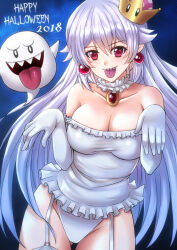 Rule 34 | 1girl, absurdres, boo (mario), breasts, cleavage, crown, dated, dress, elbow gloves, gloves, hair between eyes, halloween, happy halloween, highres, large breasts, long hair, looking at viewer, luigi&#039;s mansion, mario (series), medium breasts, new super mario bros. u deluxe, nintendo, open mouth, personification, princess king boo, sawwei005, sharp teeth, smile, solo, super crown, teeth, tongue, tongue out, white dress, white gloves