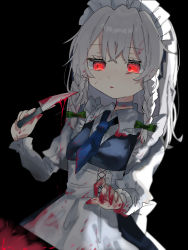 Rule 34 | 1girl, apron, black background, blood, blood on clothes, blood on hands, bloody knife, blue necktie, bow, braid, breasts, choker, dress, expressionless, eyelashes, frilled shirt collar, frills, green bow, hair bow, headdress, highres, holding, holding knife, izayoi sakuya, knife, long hair, long sleeves, maid, maid apron, maid headdress, necktie, parted lips, ramochi, red eyes, sidelocks, simple background, small breasts, solo, touhou, twin braids, white choker, white dress, white hair