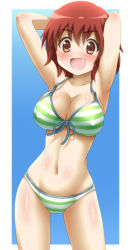 Rule 34 | 10s, 1girl, :d, armpits, arms behind head, awa, bikini, blush, breasts, contrapposto, cowboy shot, fang, front-tie top, highres, inokuma youko, kin-iro mosaic, large breasts, navel, open mouth, red eyes, red hair, shiny skin, short hair, sideboob, smile, solo, standing, strap gap, striped bikini, striped clothes, swimsuit, thighs, two-tone background
