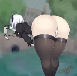 Rule 34 | 1girl, artist name, ass, bent over, black thighhighs, breasts, elbow gloves, gloves, hairband, headpat, huge ass, leotard, nier (series), nier:automata, outdoors, robot, short hair, sideboob, taiger, thick thighs, thighhighs, thighs, thong leotard, white hair, wide hips, 2b (nier:automata)
