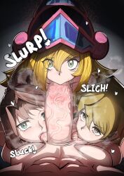 Rule 34 | !, 1boy, 3girls, :&gt;=, absurdres, adore nice, alternate breast size, bare shoulders, blonde hair, blue headwear, blush, brown hair, censored, cooperative fellatio, dark magician girl, duel monster, fellatio, green eyes, hat, heart, highres, large penis, licking, licking penis, licking testicle, long hair, looking at another, looking at viewer, lying, lying on person, magical girl, masturbation, mazaki anzu, medium hair, moaning, motion lines, multiple girls, navel, nude, oral, penis, pov, saliva, shiny skin, sound effects, steaming body, sweat, tenjouin asuka, testicles, thick thighs, thigh gap, thighs, tongue, tongue out, veins, veiny penis, very long hair, wizard hat, yu-gi-oh!, yu-gi-oh! duel monsters, yu-gi-oh! gx