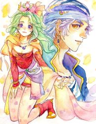 Rule 34 | 1boy, 1girl, breasts, cape, closed mouth, detached sleeves, dress, earrings, final fantasy, final fantasy vi, green hair, jewelry, locke cole, long hair, looking at viewer, pantyhose, payu (pyms11), ponytail, smile, tina branford