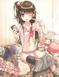 Rule 34 | 1boy, :p, bag, bed, blanket, bow, bra, brown hair, bulge, cellphone, frilled pillow, frills, hair bobbles, hair ornament, heart, lingerie, long hair, makeup, male focus, navel, nipples, one eye closed, open clothes, open shirt, original, panties, phone, pillow, purple eyes, ribbon, shirt, skirt, solo, stuffed animal, stuffed toy, thighhighs, tongue, tongue out, trap, underwear, wink, yuuki rika