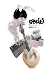 Rule 34 | 1girl, 2023, absurdres, amplifier, animal ears, annotated, artist self-reference, bag, bags under eyes, barcode, barefoot, black eyes, black hair, blank stare, bloodshot eyes, book, book stack, box, breasts, commentary, dated, detached collar, electric guitar, empty eyes, english text, expressionless, fake animal ears, fake tail, figure, food, foreshortening, full body, guitar, hairband, head rest, highleg, highleg leotard, highres, instrument, kaomoji, leaning forward, leaning on object, leotard, looking ahead, mochi, mochitsuki, mortar (bowl), new year, original, planted, playboy bunny, rabbit ears, rabbit tail, shopping bag, short hair, small breasts, solo, standing on object, strapless, strapless leotard, tail, uotak, white hairband, white leotard, wide-eyed, wrist cuffs