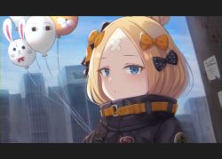 Rule 34 | 1girl, abigail williams (fate), abigail williams (traveling outfit) (fate), balloon, black bow, black jacket, blonde hair, blue eyes, blue sky, bow, building, closed mouth, cloud, commentary request, day, fate/grand order, fate (series), fou (fate), hair bow, hair bun, jacket, long hair, looking at viewer, medjed (fate), official alternate costume, orange bow, outdoors, parted bangs, polka dot, polka dot bow, portrait, razaria, single hair bun, sky, skyscraper, solo