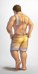 Rule 34 | 1boy, ass, bara, bare shoulders, barry go, body hair, brown hair, facial hair, from behind, full body, fundoshi, hand under clothes, hand under shorts, highres, japanese clothes, leg hair, long sideburns, looking down, male focus, male underwear, muscular, partially undressed, shadow, shorts, sideburns, simple background, solo, stubble, takabushi kengo, tokyo houkago summoners, topless male, towel, underwear, undressing, white male underwear