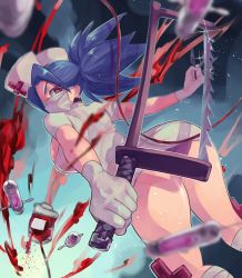 Rule 34 | 1girl, artist request, ass, blood, blue background, blue hair, bonesaw, from behind, gloves, hat, highres, latex, latex gloves, leg wrap, looking back, mask, mouth mask, nurse cap, ponytail, red eyes, saw, skullgirls, solo, surgical mask, syringe, valentine (skullgirls), ydc (ydc2501)