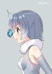 Rule 34 | 1girl, ^^^, animal ears, bare shoulders, blue butterfly, bug, butter, butterfly, butterfly on nose, commentary request, food, fur collar, grey background, grey hair, grey one-piece swimsuit, highres, insect, kemono friends, multicolored clothes, multicolored hair, multicolored swimsuit, one-piece swimsuit, otter ears, quin (himegata alice), short hair, simple background, sleeveless, small-clawed otter (kemono friends), solo, swimsuit, upper body, white hair, white one-piece swimsuit
