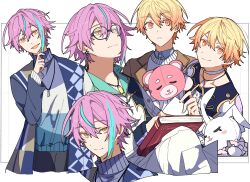 Rule 34 | 2boys, absurdres, blanket, blonde hair, blue coat, blue hair, blue sweater, book, brown coat, choker, closed mouth, coat, earrings, glasses, highres, hoshi-toge, jewelry, kamishiro rui, long sleeves, looking at viewer, multicolored hair, multiple boys, multiple views, necklace, open mouth, project sekai, purple hair, smile, star (symbol), star earrings, streaked hair, stuffed animal, stuffed rabbit, stuffed toy, sweater, teddy bear, tenma tsukasa, turtleneck, turtleneck sweater, white background, white choker, white sweater, yellow eyes, yume no touchu kagayaku hoshitachi e (project sekai)