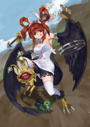 Rule 34 | 1girl, bare shoulders, black wings, breasts, chain, claws, clothing cutout, collar, commentary request, dress, duel monster, feathered wings, feathers, holding with feet, hair rings, harpie channeler, harpy, holding, holding chain, holding staff, ien, large breasts, long hair, monster girl, navel, navel cutout, ojama black, ojama green, ojama yellow, orange eyes, orange hair, pointy ears, shorts under dress, staff, talons, thighhighs, tongue, tongue out, twintails, white dress, white thighhighs, winged arms, wings, yu-gi-oh!