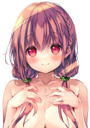 Rule 34 | 1girl, areola slip, armpit crease, blush, braid, breasts, cleavage, closed mouth, collarbone, colored eyelashes, commentary request, completely nude, cropped, fingernails, floating hair, flying sweatdrops, hair between eyes, hair over breasts, hands in hair, hands on own chest, hinako note, light rays, long hair, looking at viewer, march-bunny, medium breasts, messy hair, nude, out-of-frame censoring, paid reward available, pink hair, red eyes, sakuragi hinako, simple background, smile, solo, sunbeam, sunlight, swimsuit, tareme, twin braids, twitter username, unfinished, upper body, white background