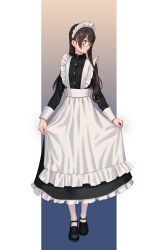 Rule 34 | 1girl, alternate costume, apron, black-framed eyewear, black dress, black footwear, black hair, buttons, dress, enmaided, full body, glasses, green eyes, hair between eyes, highres, kantai collection, long hair, long sleeves, maid, maid apron, maid headdress, ooyodo (kancolle), open mouth, pantyhose, shoes, solo, white apron, white pantyhose, yuuji (and)