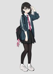 Rule 34 | 1girl, backpack, bag, bag charm, black hair, black pantyhose, blouse, charm (object), collared shirt, full body, glasses, grey background, highres, jacket, long hair, morifumi, necktie, original, pantyhose, red necktie, school uniform, shirt, shoes, simple background, skirt, sneakers, socks, solo, standing, white pantyhose, white shirt