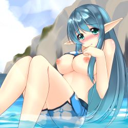 Rule 34 | 1girl, blue hair, blush, breasts, breasts out, green eyes, highres, large breasts, long hair, lottie (pso2), nipples, partially submerged, phantasy star, phantasy star online 2, pointy ears, sogaya, solo, swimsuit