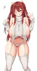 Rule 34 | 1girl, ;p, absurdres, bare shoulders, blush, breasts, closed mouth, commentary, detached sleeves, english commentary, fukuda reika, hands up, highres, huge breasts, long hair, long sleeves, looking at viewer, meme attire, navel, one eye closed, original, red eyes, red hair, sideboob, smile, solo, thighhighs, thighs, tongue, tongue out, virgin destroyer sweater, white thighhighs, yua (argaoffroad)