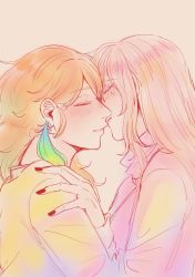 Rule 34 | absurdres, blush, closed eyes, couple, earrings, feather earrings, feathers, gradient hair, highres, hololive, hololive english, imminent kiss, incoming kiss, jewelry, leaning forward, long hair, mori calliope, multicolored hair, parted lips, siki 222, takanashi kiara, upper body, virtual youtuber, wife and wife, yuri