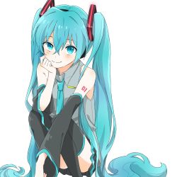 Rule 34 | 1girl, absurdly long hair, aqua eyes, aqua hair, aqua necktie, bad id, bad pixiv id, bare shoulders, black skirt, black sleeves, black thighhighs, cheek rest, commentary, detached sleeves, feet out of frame, grey shirt, hair ornament, hand on own cheek, hand on own face, hatsune miku, headphones, headset, long hair, looking at viewer, necktie, renshu usodayo, shirt, shoulder tattoo, skirt, sleeveless, sleeveless shirt, smile, solo, squatting, tattoo, thighhighs, twintails, very long hair, vocaloid, white background, zettai ryouiki