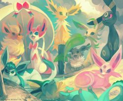 Rule 34 | commentary, creature, creatures (company), eevee, espeon, evolutionary line, flareon, game freak, gen 1 pokemon, gen 2 pokemon, gen 4 pokemon, gen 6 pokemon, glaceon, glitchedpuppet, jolteon, leaf, leafeon, lying, mouth hold, nintendo, no humans, on back, open mouth, pokemon, pokemon (creature), pokemon dppt, pokemon gsc, pokemon rgby, pokemon xy, red eyes, ribbon, sand, signature, sitting, sylveon, umbreon, vaporeon, water, watermark, web address