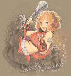 Rule 34 | 1girl, :d, anniversary, artist name, belt, brown eyes, brown hair, character name, daigoman, fingerless gloves, frilled skirt, frills, gloves, headset, index finger raised, layered skirt, looking at viewer, meiko (vocaloid), microphone, midriff, no legs, open mouth, sakine meiko, short hair, signature, sketch, skirt, sleeveless, smile, solo, tattoo, vocaloid