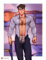 Rule 34 | 1boy, bara, belt, black hair, blue eyes, blush, boxers, chest hair, clark kent, dc comics, glasses, highres, large pectorals, looking at viewer, loose belt, male focus, male underwear, manlyhand, muscular, muscular male, my adventures with superman, necktie, open clothes, open shirt, pectorals, penis, penis peek, short hair, solo, superman (series), surprised, tight clothes, underwear, undressing