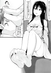 Rule 34 | 1boy, 1girl, absurdres, bare shoulders, breasts, cleavage, couch, feet, foot focus, foot on head, foot worship, garter belt, hetero, highres, idolmaster, large breasts, long hair, monochrome, no shoes, panties, pantyshot, parted lips, shibuya rin, sitting, smell, smelling, socks, soles, steam, toes, translated, underwear