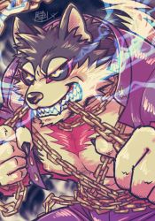 Rule 34 | 1boy, animal ears, bara, bare pectorals, beige fur, black background, black fur, black sclera, chain, chest hair, colored sclera, commentary request, dog boy, dog ears, dog tail, energy, eyeliner, fangs, fangs out, furry, furry male, gakuran, garmr (housamo), holding, holding chain, jacket, large pectorals, male focus, muscular, muscular male, nipples, pectorals, purple jacket, red eyeliner, school uniform, signature, solo, tail, teeth, tokyo houkago summoners, two-tone fur, yellow eyes, zinpati