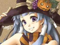 Rule 34 | 00s, 1girl, blue hair, blunt bangs, character name, food-themed hair ornament, hair ornament, hair tubes, halloween, hat, jack-o&#039;-lantern, kannagi, md5 mismatch, nagi, pumpkin, pumpkin hair ornament, purple eyes, scarf, solo, striped clothes, striped scarf, text focus, witch hat, yuuna katsumi